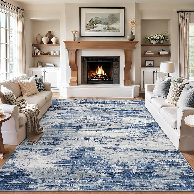 Area Rugs Living Room Rug - 4x6 Washable Modern Abstract Soft Neutral Non-Slip Carpet Large Indoor Floor Thin Carpets for Bedroom Dining Room Farmhouse Nursery Home Office Blue Gray