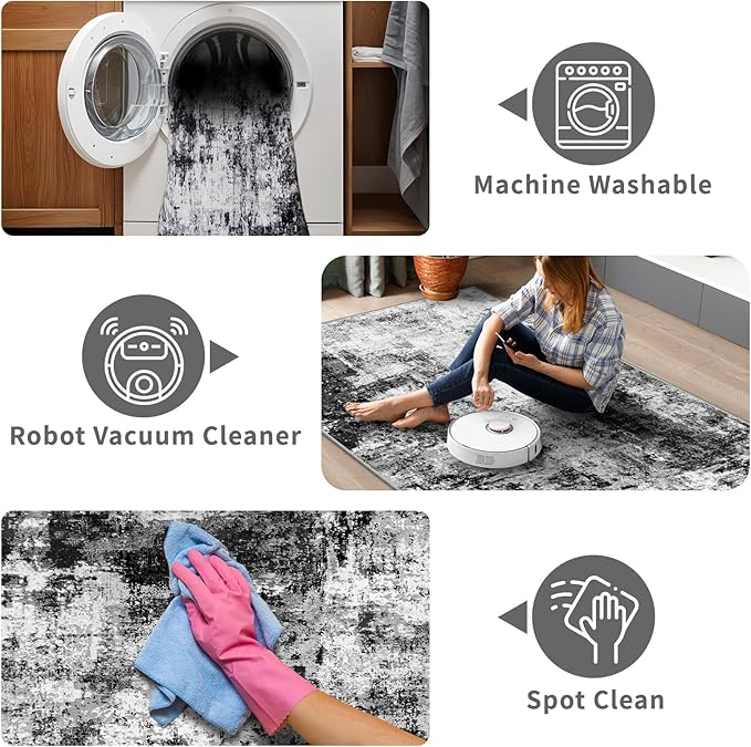 3x12 Washable Runner Rugs for Hallway: Long Abstract Runners for Entryway Bedroom - Stain and Water Resistant Rugs with Non-Slip Backing - Soft Low-Pile Carpet Black Grey