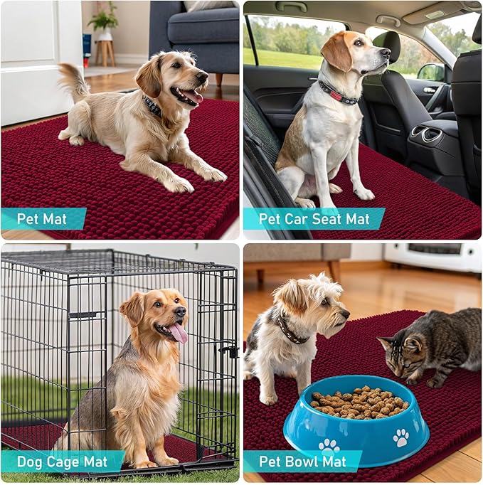 OLANLY Dog Door Mat for Muddy Paws 70x46, Absorbs Moisture and Dirt, Absorbent Non-Slip Washable Doormat, Quick Dry Chenille Mud Mat for Dogs, Entry Indoor Entryway Carpet for Inside Floor, Burgundy