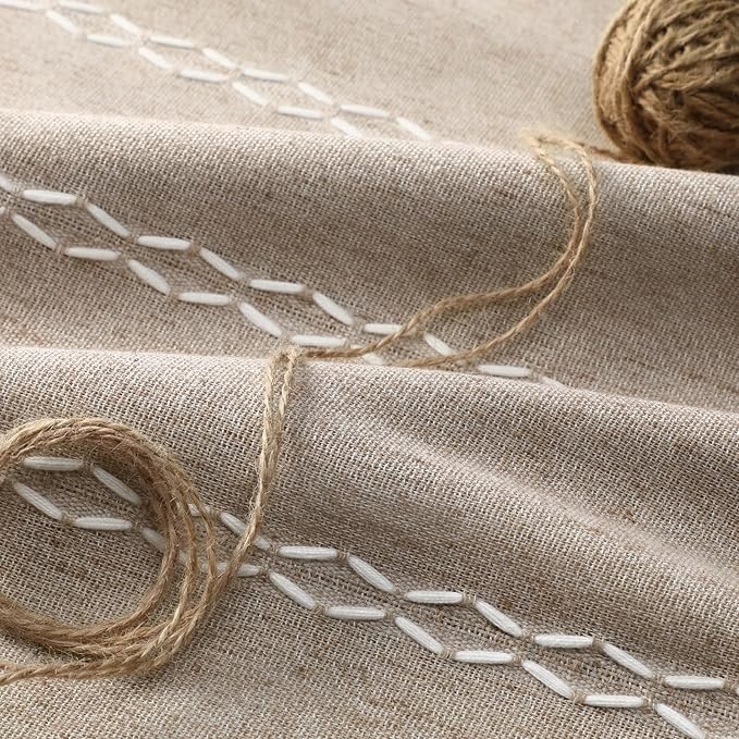 Brown Boho Blackout Curtains 2 Panels 84 Inch for Living Room Bedroom, Warm Taupe Linen Texture Farmhouse Curtains with Tassels and White Cotton Embroidery Vintage Rustic Country Western