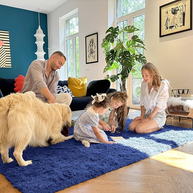 OLANLY 2x6 Machine Washable Runner Rugs for Hallway, Soft Fluffy Shaggy Bedside Rugs for Bedroom, Living Room, Indoor Floor Carpet for Kids Girls Boys, Nursery Rooms, Home Decor Aesthetic, Navy Blue