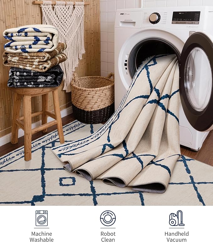 YIHOUSE Boho 5x7 Area Rugs for Living Room, Western Beige and Blue Rug, Moroccan Geometric Soft Low-Pile Washable Rugs for Bedroom, Dining Room