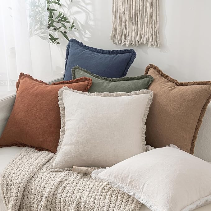 MIULEE Decorative Throw Pillow Covers Neutral Linen Fringe Throw Pillows Set of 2 Natural Beige Boho Farmhouse Cushion Covers with Tassels for Couch Sofa Bed Living Room Spring Decor 18x18 Inch