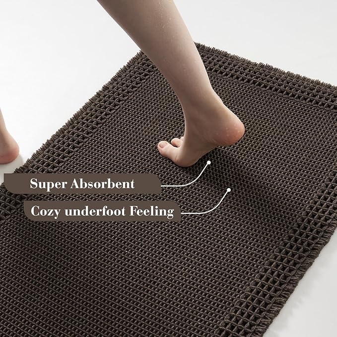 RESARE Waffle Bathroom Runner Rugs, Super Absorbent Bath Mat Non Slip Washable Quick Dry, Upgraded Ultra Soft Boho Bath Rugs with Tassels for Hallway Bedroom Laundry Room, 2'x5'(24"x60"), Chocolate