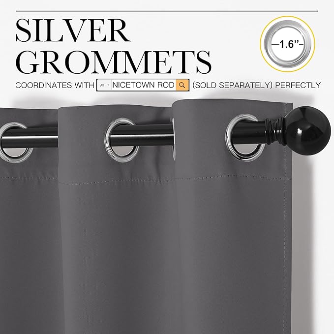 NICETOWN Bedroom Curtains Blackout Drapery Panels, Three Pass Microfiber Thermal Insulated Solid Ring Top Blackout Window Curtains/Drapes (Two Panels, 34 x 84 inches, Gray)