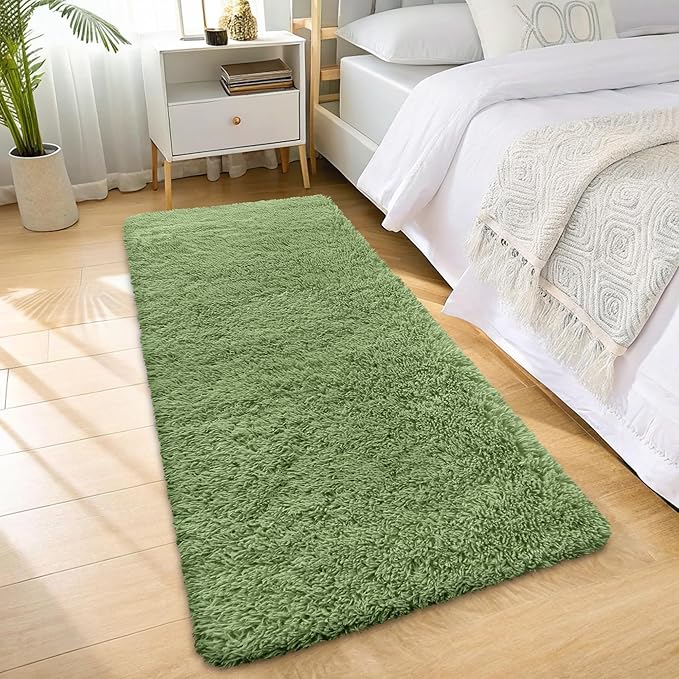 OLANLY 2x6 Machine Washable Runner Rugs for Hallway, Soft Fluffy Shaggy Bedside Rugs for Bedroom, Living Room, Indoor Floor Carpet for Kids Girls and Boys, Home Decor Aesthetic, Green