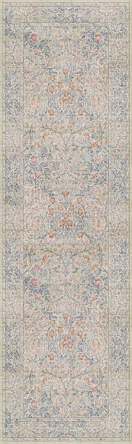 Vintage Beige Blue 3x10 Runner Rug for Hallway, Kitchen, Bathroom, Entryway Indoor, Washable Non Slip Rubber Backing Stain Resistant - Botanical Home Decor