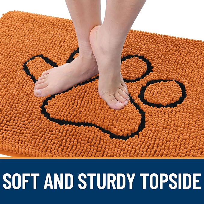 OLANLY Dog Door Mat for Muddy Paws 30x20, Paw Print Design, Absorbs Moisture and Dirt, Absorbent Non-Slip Washable Doormat, Quick Dry Chenille Mud Mat for Dogs, Entry Indoor Entryway Carpet, Clay