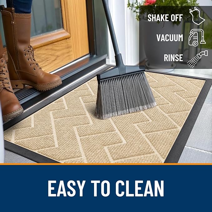OLANLY Front Door Mat Indoor Outdoor Entrance, Waterproof All-Season, All-Weather Doormat, Sturdy Natural Rubber, Low Profile, Easy Clean Patio Porch Entryway Mat, Herringbone Brick (Beige, 47x17)