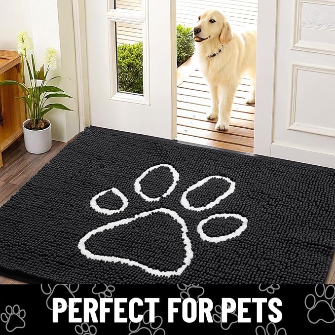 Smiry Dog Door Mat for Muddy Paws, Absorbent Dirt Trapper Non Slip Quick Dry Washable Chenille Mat for Mud Dogs, Entry Rug for Indoor and Outdoor (40x24 Inches, Black and White)