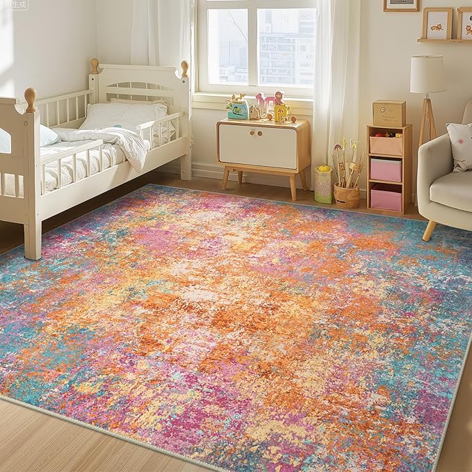 Washable Area Rugs 8'x10' Non-Slip Modern Abstract Soft for Living Room Entryway Bedroom Nursery, Print Pattern, Orange Blue Pink Yellow Colorful