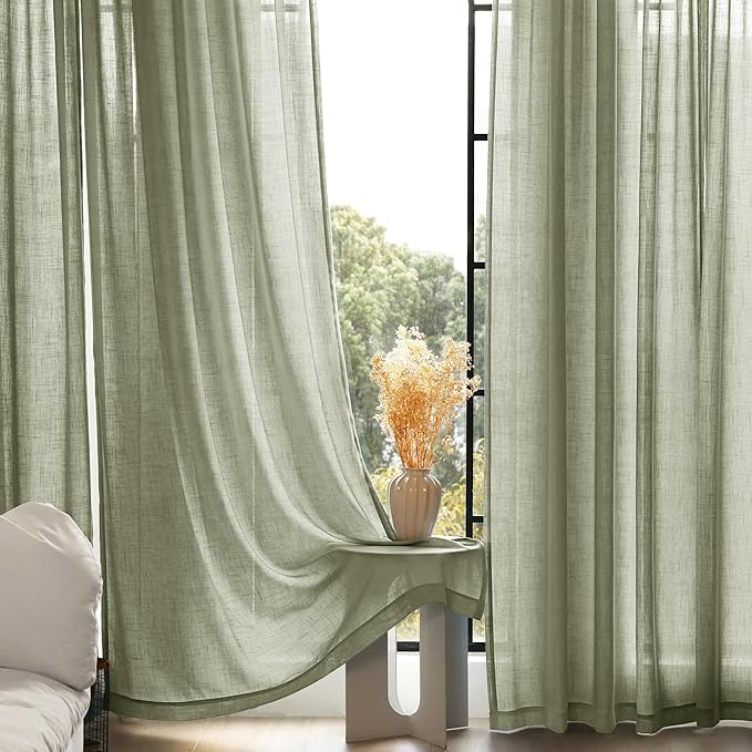 Linen Blend Sage Green Curtains 90 inch Length 2 Panels for Bedroom Back Tab Light Filtering Semi Sheer Drapes Linen Cotton Textured Light Green Airy Modern Farmhouse Living Room Sage Aesthetic Decor