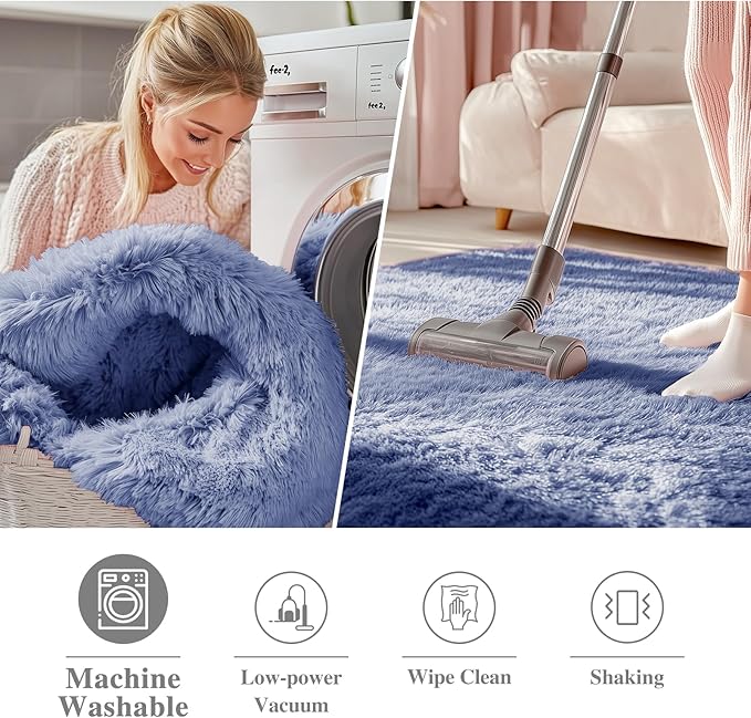 OLANLY Denim Blue Round Rugs for Bedroom - Machine Washable, 9 ft Circle Area Rugs for Living Room, Soft and Fluffy Shaggy Carpet for Teen Girl and Boys, Nursery Rooms, Dorms, Home Decor Aesthetic
