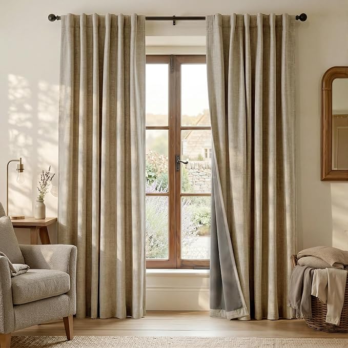 RYB HOME Linen Textured 100% Blackout Curtains for Bedroom, Insulating Energy Saving Window Curtains for Living Room Dining Patio Sliding Glass Door, Wide 52 x Long 108 inch, Burlap, 2 Panels