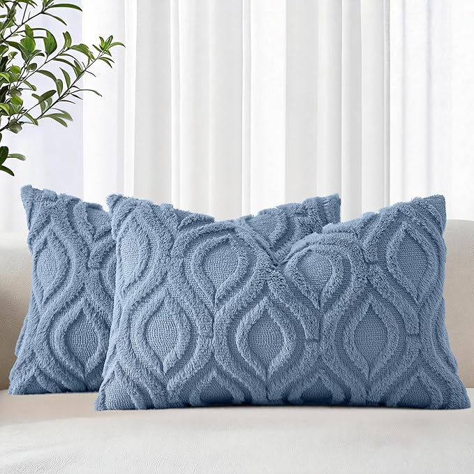 decorUhome Throw Pillow Covers 12x20 Inch Set of 2, Soft Plush Faux Wool Dusty Blue Solid Couch Pillow Covers, Accent Farmhouse Neutral Rectangle Pillow Cases for Sofa Bed Living Room