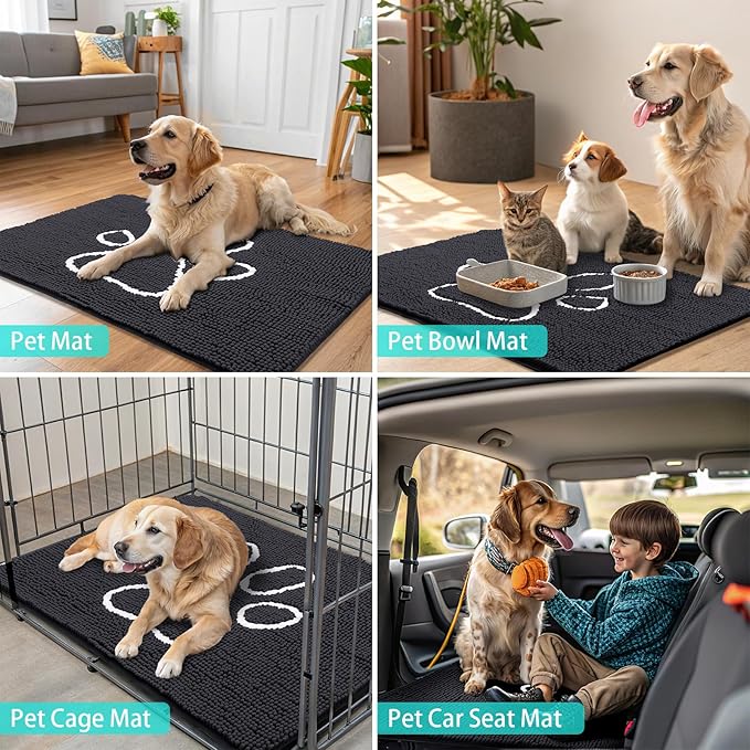 Smiry Dog Door Mat for Muddy Paws, Absorbent Dirt Trapper Non Slip Quick Dry Washable Chenille Mat for Mud Dogs, Entry Rug for Indoor and Outdoor (59x20 Inches, Black and White)