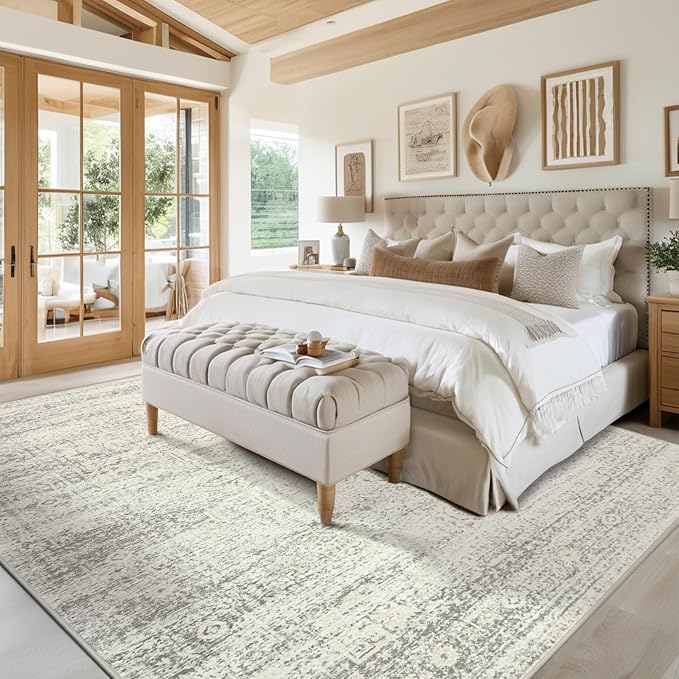 Srugn Washable Rugs 5x7 Area Rugs for Living Room,Bedroom,Dining Room- Large Ultra Soft Faux Wool Retro Carpets,Non Slip&Non-Shedding Low Pile Vintage Print Rug for Home Office Decor-Beige