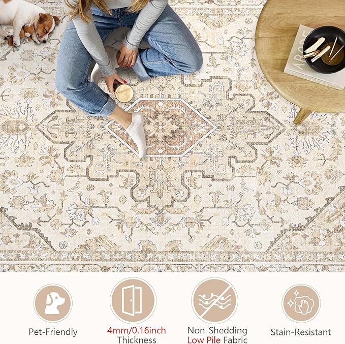 Area Rugs 9x12 Vintage Rug: Large Washable Living Room Rug Retro Medallion Distressed Soft Low Pile Non-Slip Indoor Floor Carpet for Bedroom Dining Table Office (BeigeBrown,9'x12')