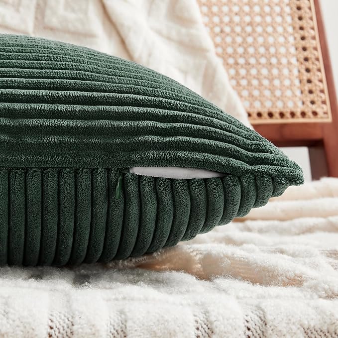 Fancy Homi Set of 2 Dark Green Decorative Throw Pillow Covers 26x26 Inch for Bedroom Couch Bed, Boho Farmhouse Forest Green Home Decor, Soft Corss Corduroy Patchwork Textured Cushion Case 66x66 cm