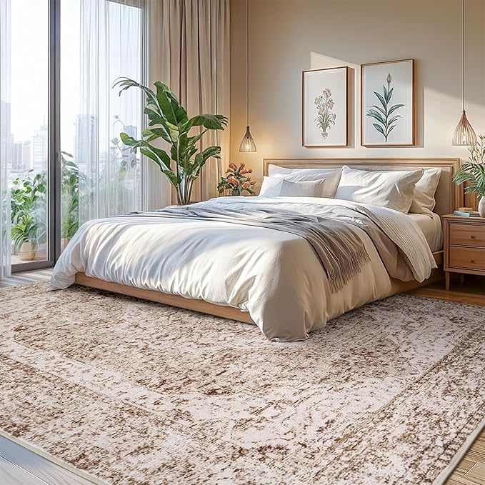 Lofus 8x10 Area Rugs for Living Room, Washable Area Rug, Rugs for Bedroom, Kitchen, Vintage Boho Carpet, Soft Non-Slip, Low Pile Large Area Rug for Office Dining Room, Vintage Beige Brown