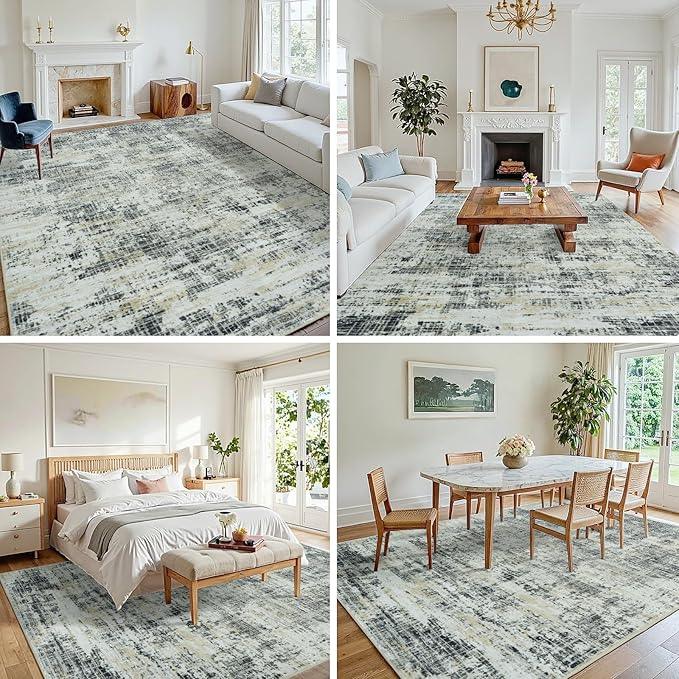 5x7 Area Rugs for Living Room Washable Rug: Anti-Skid Abstract Modern Living Room Rug Soft Thin Carpets Indoor Floor Non-Shedding Carpet for Bedroom Dining Farmhouse Nursery Black Gray Gold
