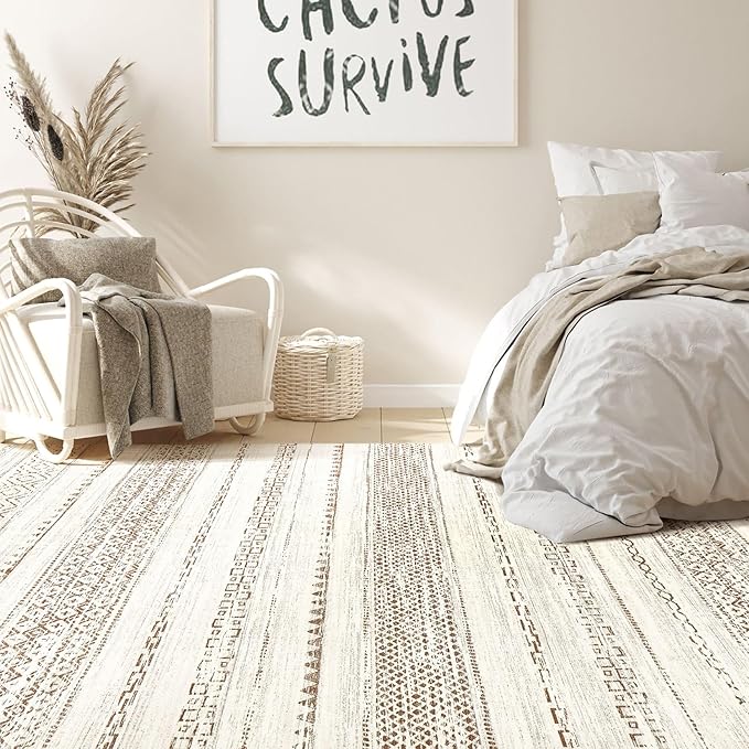 Nakagishi 7x9 Area Rug Living Room: Washable Boho Large Neutral Modern Soft Farmhouse Rugs Stain Resistant Indoor Floor Non-Slip Carpet for Bedroom Nursery Kids Playroom Office Dining Room- Brown