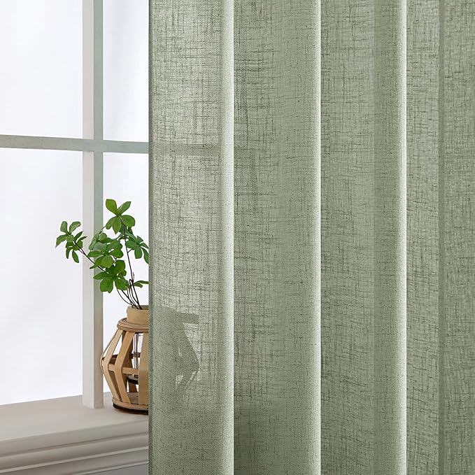 MIULEE Sage Linen Curtains 54 Inch Length 2 Panels for Bedroom Living Room,Green Soft Thick Linen Textured Short Window Drapes Semi Sheer Light Filtering Back Tab Rod Pocket Burlap Look Decor