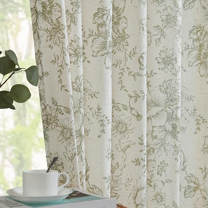 jinchan Linen Blend Floral Curtains for Living Room 63 Inches Extra Long Farmhouse Printed Curtain Back Tab Green Peony Flower Patterned Drapes Bedroom Window Curtains Set 2 Panels