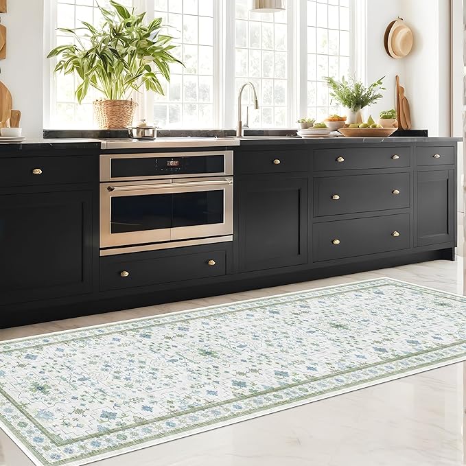 Hazo Haus Oushak 3x16 Wide Hallway Runner Rug - Vintage Turkish Floral, Washable Low Pile Non Slip 16ft Extra Long Runners for Large Kitchen, Hall Way - Light Blue and Green Décor