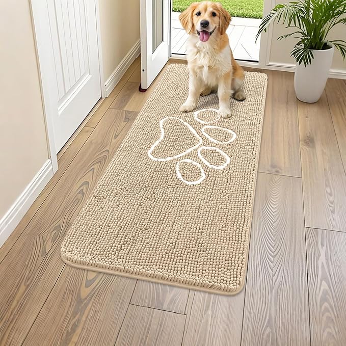 Smiry Dog Door Mat for Muddy Paws, Absorbent Dirt Trapper Non Slip Quick Dry Washable Chenille Mat for Mud Dogs, Entry Rug for Indoor and Outdoor (45x27 Inches, Beige and White)