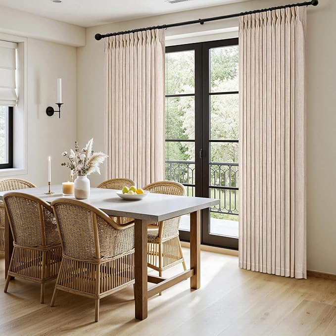 MIULEE Pinch Pleated Thick Linen Curtains 96 Inches Long 2 Panels for Living Room Bedroom, Memory Trained Pleat Drapes Light Filtering Sand Beige Semi Sheer Window Curtains Hooks Rings Back Tab