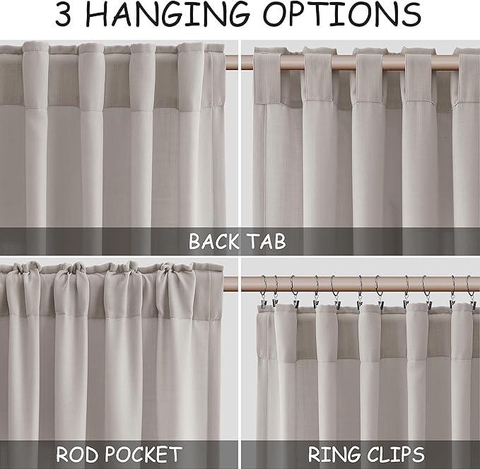 Nanspring Stone Grey Linen Curtains 90 Inches Long for Living Room Simple Modern Light Filtering Semi Sheer Curtain Back Tab and Rod Pocket Neutral Luxury Drapes for Bedroom Office 52x90, 2 Panels