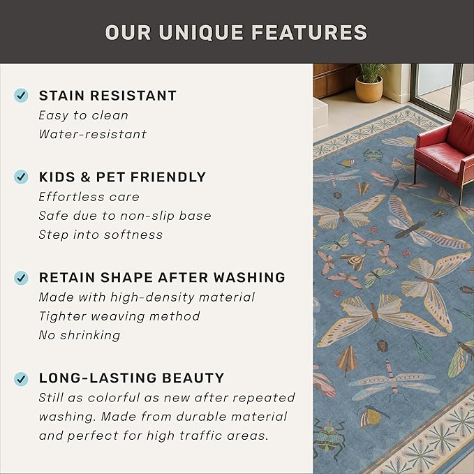 Blue 2x3 Kitchen Rugs Non Slip Washable, 0.25" Low Pile Stain & Fade Resistant, Waterproof Indoor Floor Mat for Entryway, Bathroom, Laundry Room, Boho Insect Floral Decor