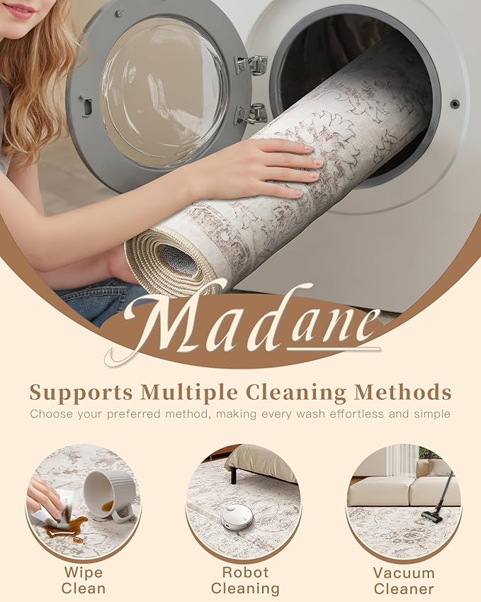 Madane Washable 6x9 Area Rugs for Living Room, Vintage Natural Rug with Non-Slip Backing, Soft Stain Resistant Throw Rugs Thin Carpet for Bedroom Dining Room Farmhouse (6 x 9, Brown/Ivory)