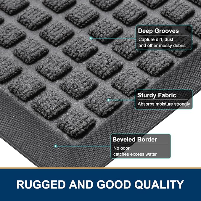 Smiry Front Door Mat Outside Entrance, Heavy Duty Natural Rubber Doormat, Non Slip, Trap Dirt and Moisture, Easy Clean, Low Profile Welcome Floor Mats for Indoor Outdoor Entry, 70x46.5 Inch, Grey