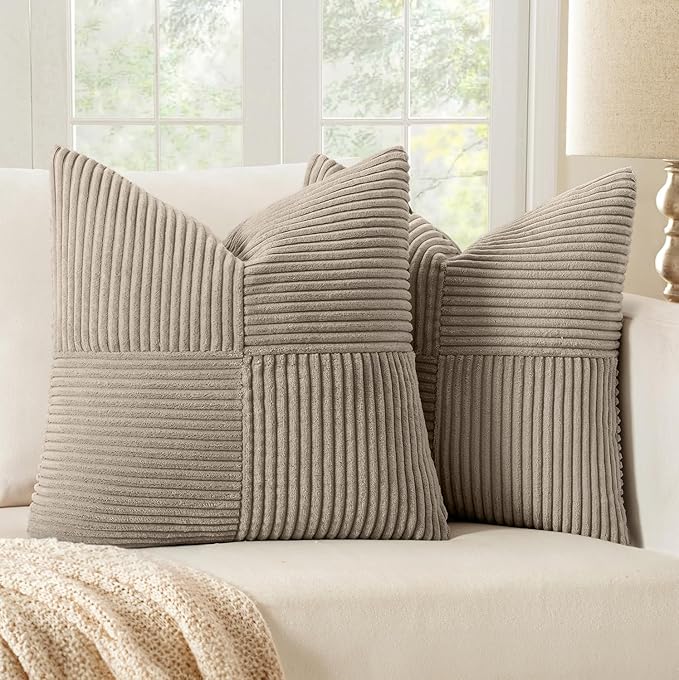 MIULEE Light Brown Decorative Throw Pillow Covers 20x20 Inch for Couch Bed Sofa Pack of 2 Boho Neutral Farmhouse Throw Pillows Soft Cross Corduroy Patchwork Textured Cushion Cases