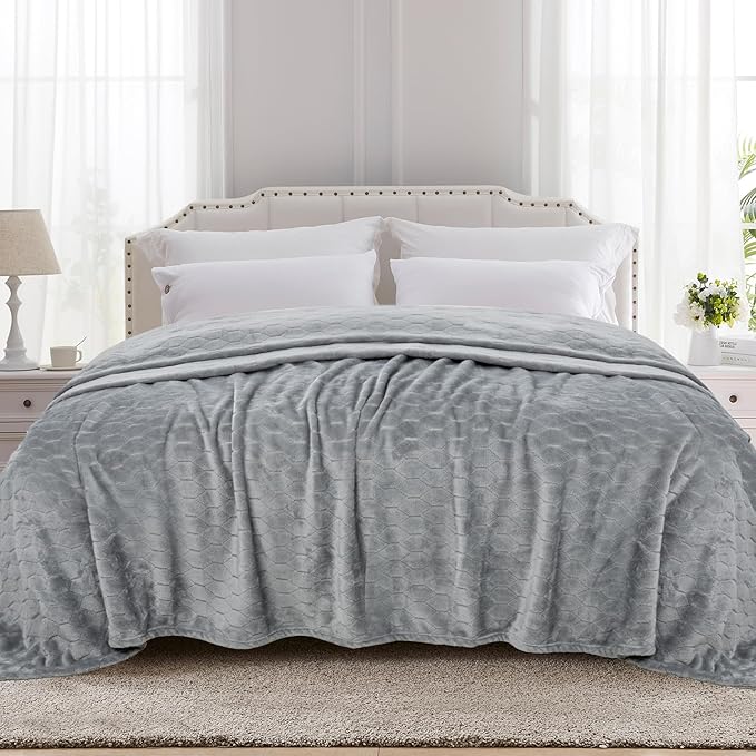 TOONOW Fleece Bed Blanket Queen Size 90x90 inches, Super Soft Fluffy Fuzzy Plush Blanket Geometric Pattern Cozy Microfiber Flannel Blankets for Couch, Bed, Sofa, Light Grey