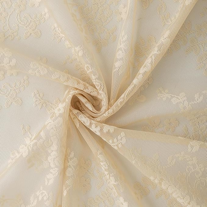 YJ YANJUN Vintage Lace Curtains 132 Inches Long-Victorian Floral Fancy Beige Sheer Curtain Panels for Living Room Bedroom,Light Filtering, Boho 70s Grandma Core Decor 2 Panels 52W x 132L