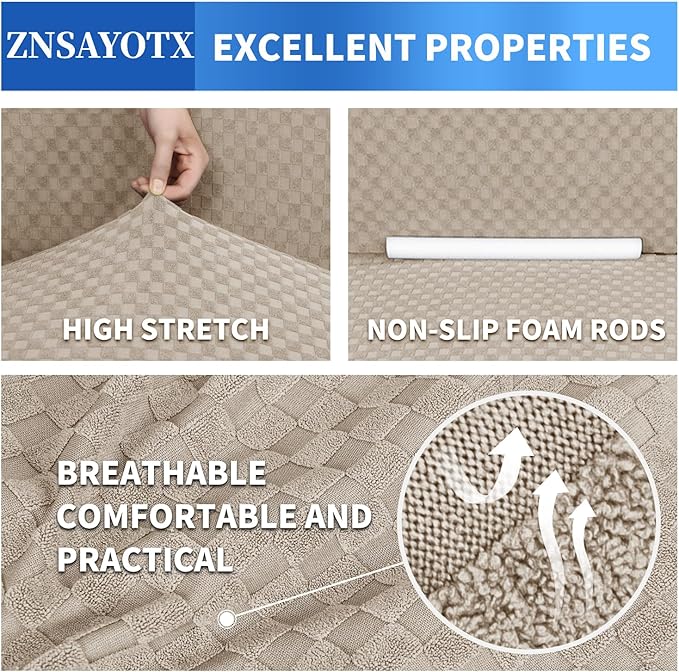 ZNSAYOTX 1 Piece Jacquard Couch Covers for 3 Cushion Couch Living Room High Stretch Sofa Cover Pets Dogs Friendly Anti Slip Thickened Slipcovers Furniture Protector (Sofa, Khaki)