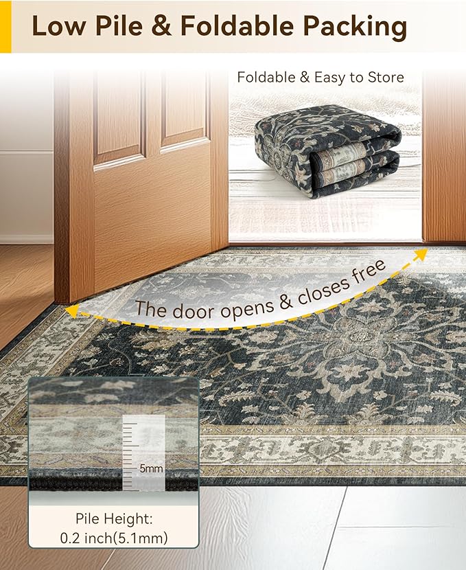 Area Rugs 5'x7' Washable Non-Slip, Floral Vintage Distress Print Pattern Medallion Carpet for Living Room Bedroom Dining Room, Vintage Black Brown Neutral