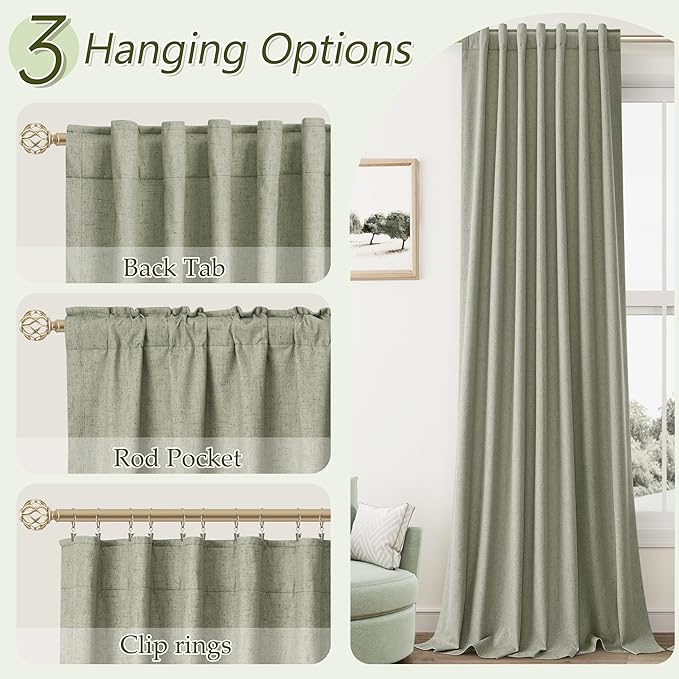 Sage Green 100% Blackout Linen Curtains 94 Inch Length 2 Panels Set for Living Room Bedroom Back Tab Thermal Insulated Black Out Drapes Room Darkening Window Curtains 94 Inches Long