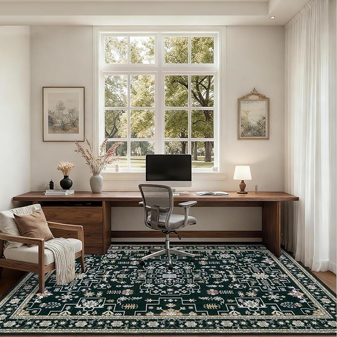 Area Rugs 9x12 Living Room Rug: Washable Rug Soft Vintage Boho Medallion Carpet Indoor Floor Non-Slip Stain Resistant Large Carpets for Bedroom Dining Room Farmhouse Nursery Home Office Black