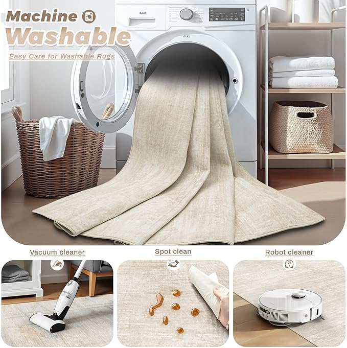 Area Rugs 9x12 for Living Room: Washable Rug Modern Abstract Neutral Soft Non-Slip Low-Pile Indoor Large Carpet for Bedroom Dining Room Playroom Home Office (Beige, 9'x12')