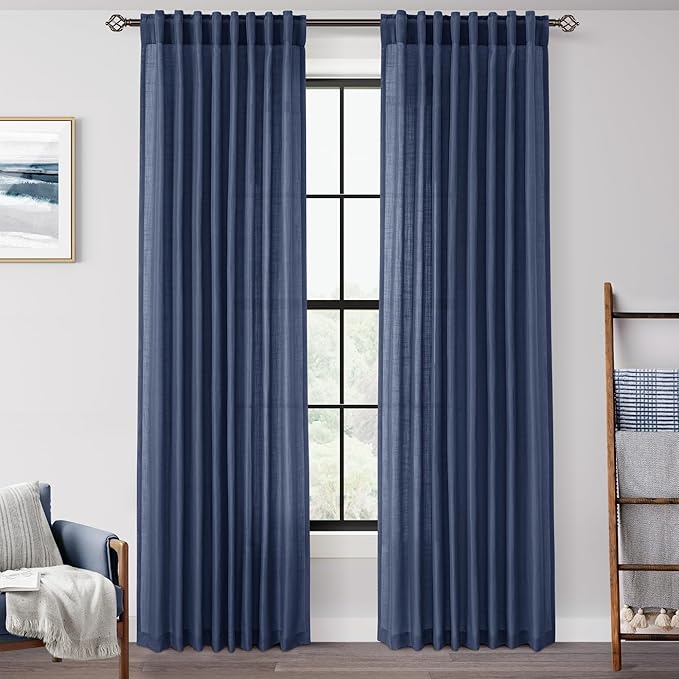 Navy Blue Curtains 108 inch Length for Bedroom Back Tab Light Filtering Semi Sheer Blue Living Room Curtains Linen Cotton Textured Indigo Blue Drapery Panel Modern Aesthetic Decor 60" Wx108" L