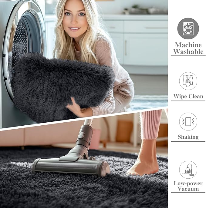 OLANLY 8x12 Machine Washable Large Area Rugs for Living Room, Bedroom, Soft Fluffy Shaggy Bedside Rug, Indoor Floor Carpet for Kids Girls and Boys, Dorms, Nursery, Home Decor Aesthetic, Black