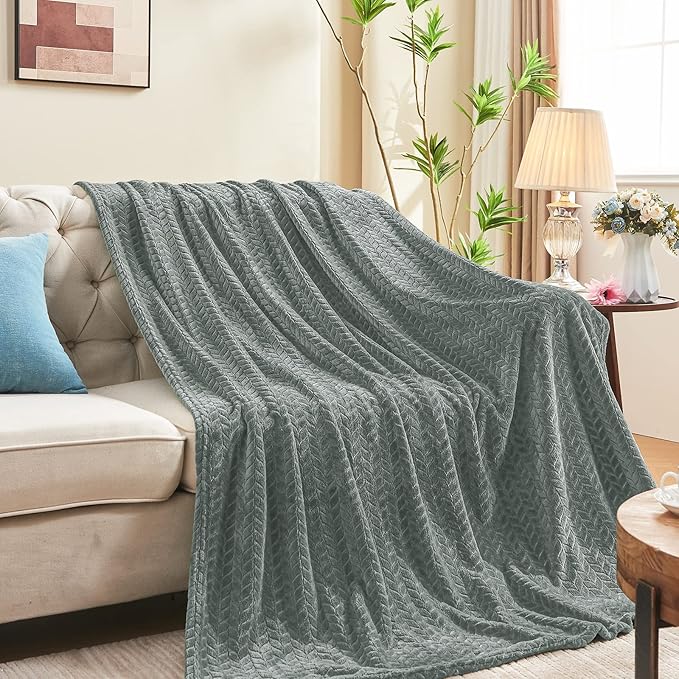 inhand Grey Fleece Twin Blanket, Super Soft Flannel Cozy Blankets for Adults, Lightweight Leaves Pattern Fuzzy Blanket for Couch Sofa Bed Office, Warm Plush Blankets for All Season, 60x90 Inches