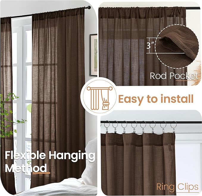 BGment Brown Linen Curtains 63 Inches Long for Living Room, Semi Sheer Window Drapes Rustic Textured for Farmhouse Beroom Dining Room Decor Rod Pocket Lightweight, 2 Panels Set, Each 52 Inch Wide