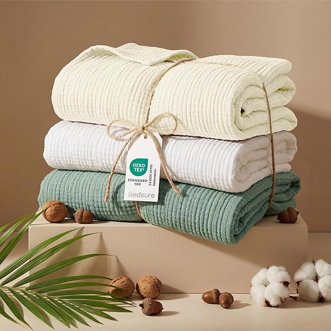 Bedsure 100% Cotton Muslin Blanket Queen Size for Bed - 4-Layer Breathable and Lightweight Thin Soft Summer Gauze Muslin Blankets for Adults, Cream, 90x90 Inches