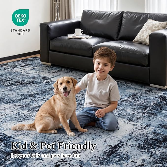 Rugflix 3x5 Entrance Rugs, Entry Rug Washable Non-Slip Stain-Resistant Low Pile Small Modern Dark Carpet, for Living Room Bedroom Indoor, Navy Blue/Black