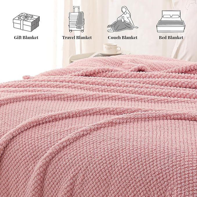 Whale Flotilla Queen Size Fuzzy Fleece Blanket for Bed, 90x90 Inch Fluffy Warm Soft Jacquard Blankets for All Season, Lightweight and Cozy, Pink